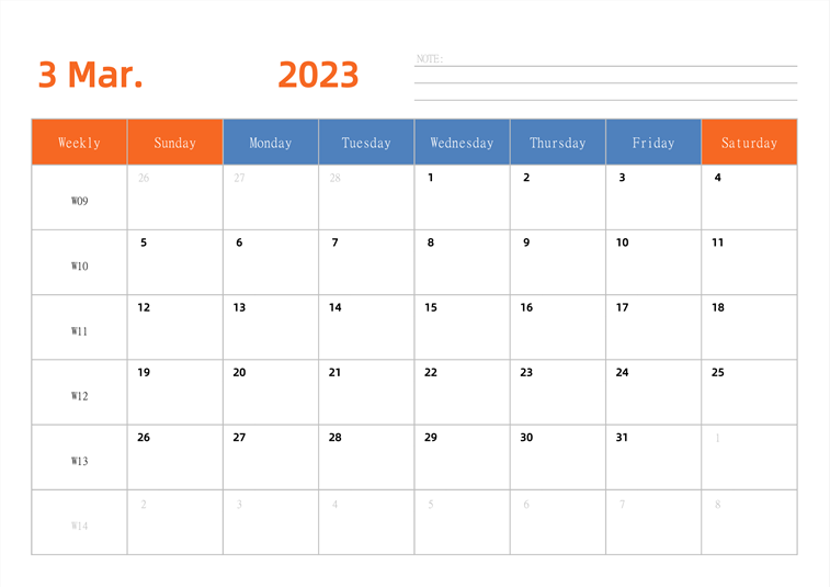 2023年日历台历 英文版 横向排版 带周数 周日开始